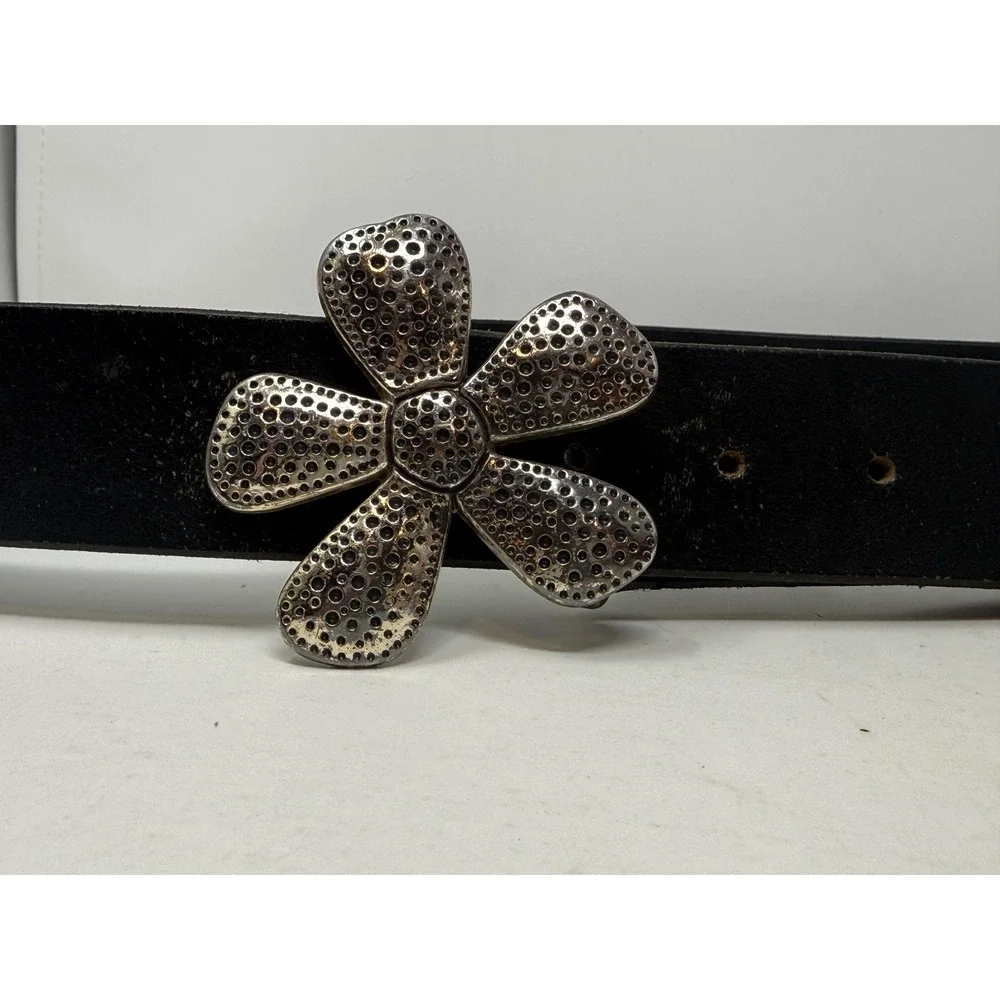 Silpada Designs Black Italian Leather Belt Large Flower Buckle Boho Floral L